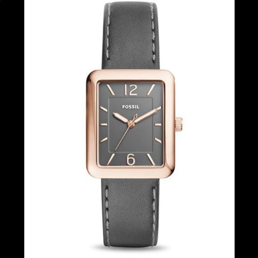 Fossil Atwater Grey Leather/Rose Gold-Tone Stainless Steel Rectangle Watch